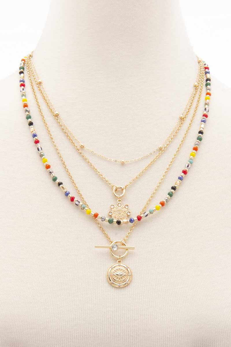 Evil Eye Charm Seed Bead Layered Necklace