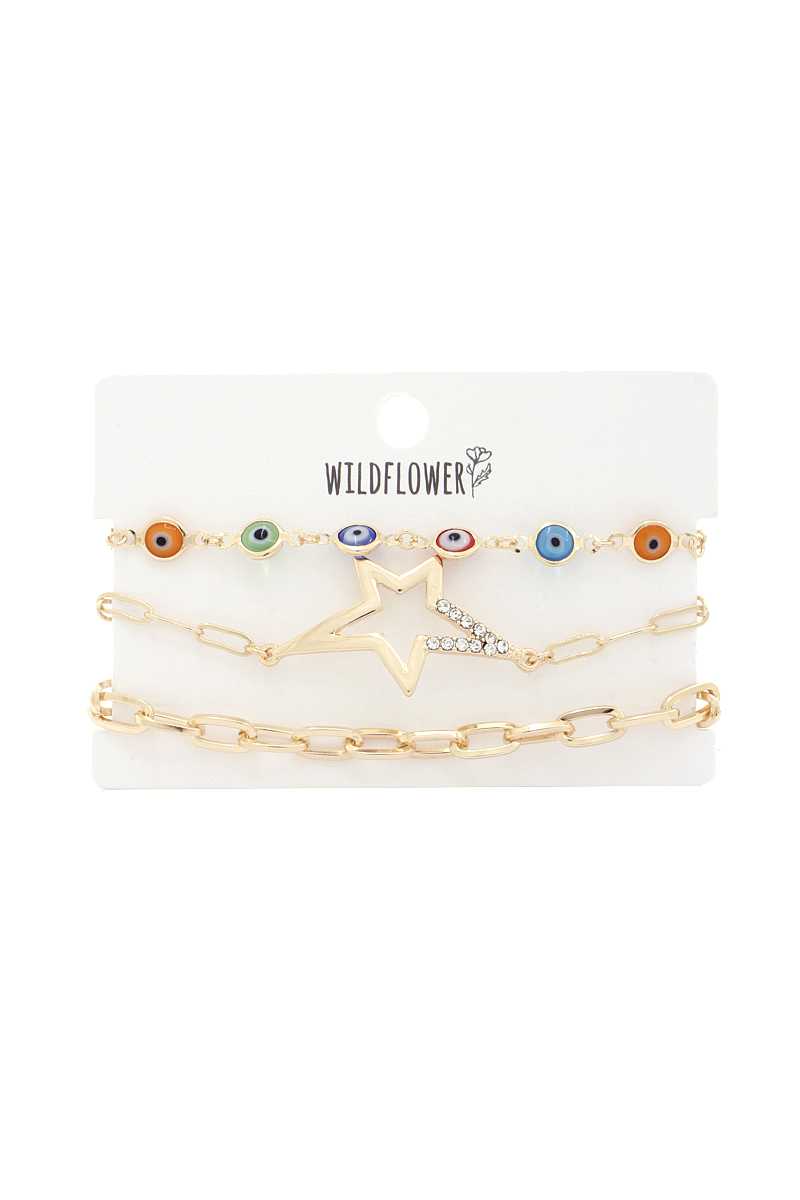 Star Evil Charm Oval Link Metal Bracelet Set