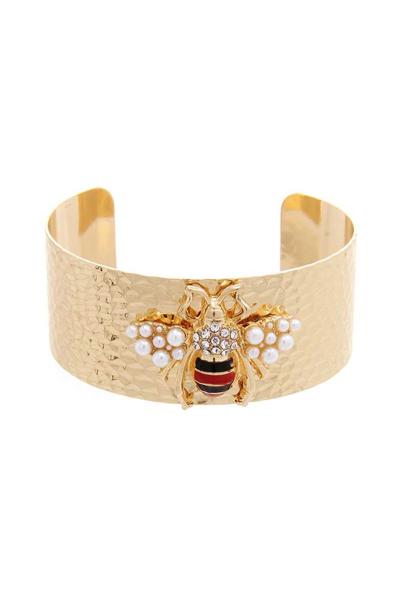 Hammered Metal With Pearl Bee Open Cuff Bracelet