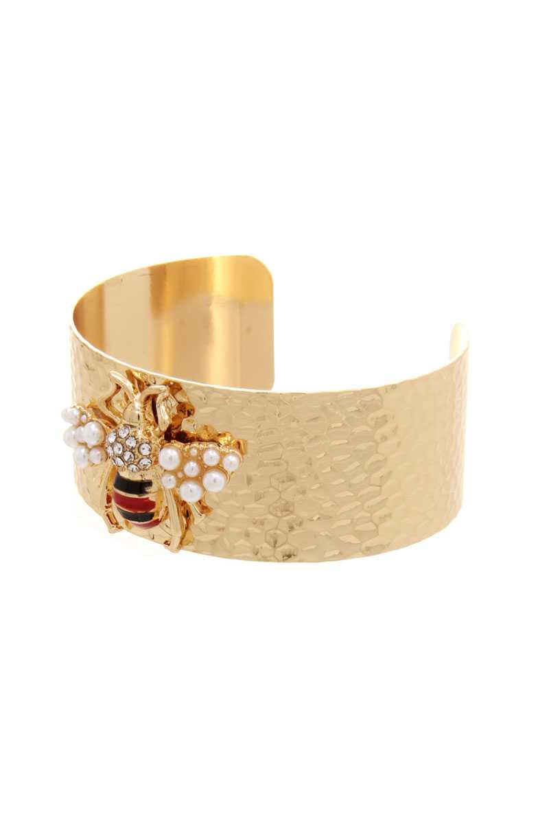 Hammered Metal With Pearl Bee Open Cuff Bracelet