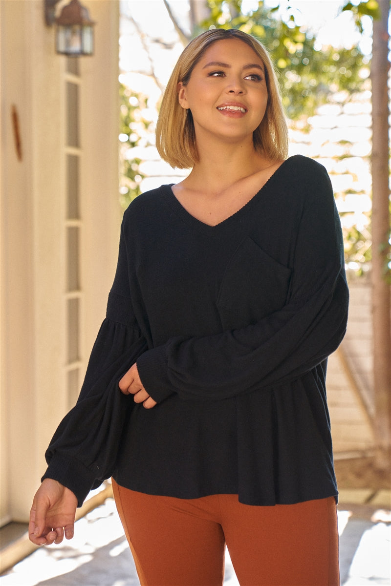 Plus Black Super Soft Long Balloon Sleeve Soft V-neck Front Pocket Loose Fit Top