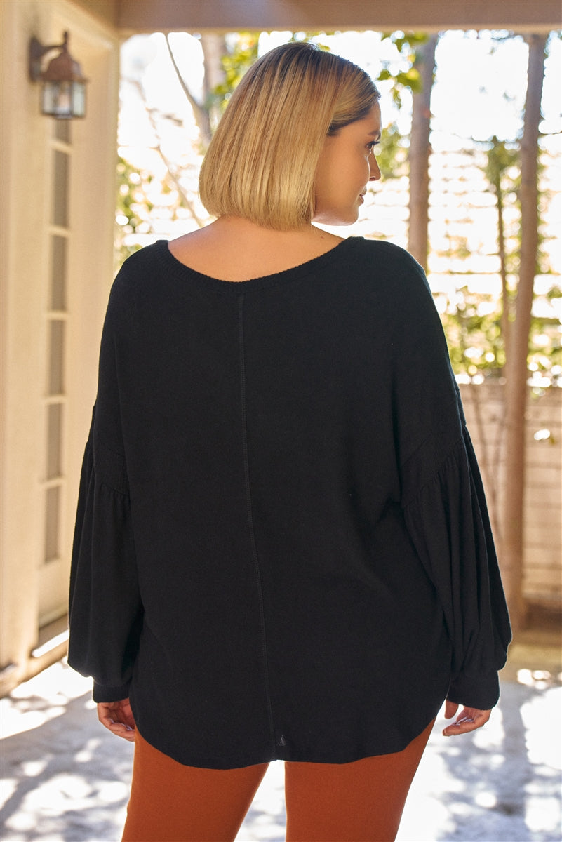 Plus Black Super Soft Long Balloon Sleeve Soft V-neck Front Pocket Loose Fit Top