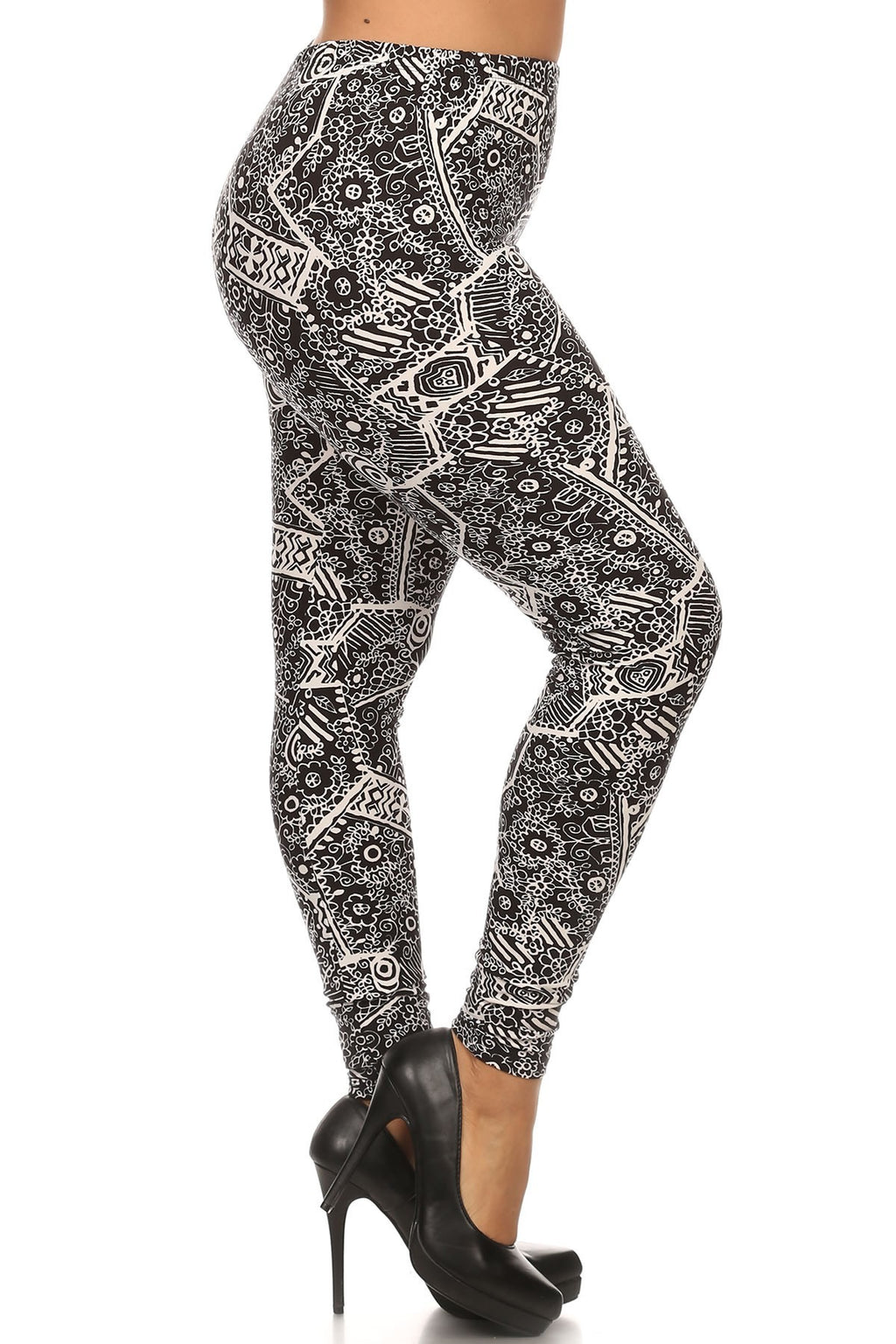 Plus Size Ornate Print Full Length Fitted Leggings With High Elastic Waist