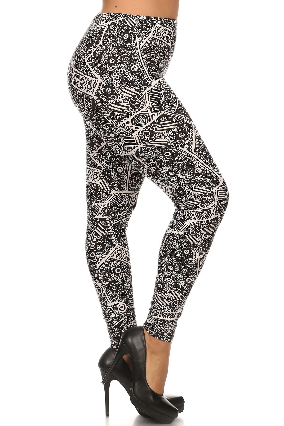 Plus Size Ornate Print Full Length Fitted Leggings With High Elastic Waist
