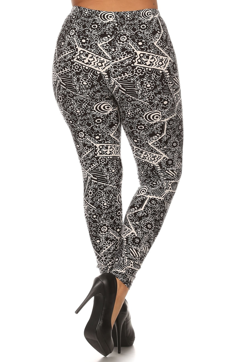 Plus Size Ornate Print Full Length Fitted Leggings With High Elastic Waist
