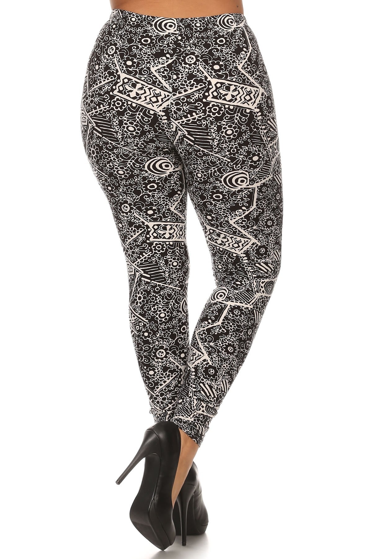 Plus Size Ornate Print Full Length Fitted Leggings With High Elastic Waist