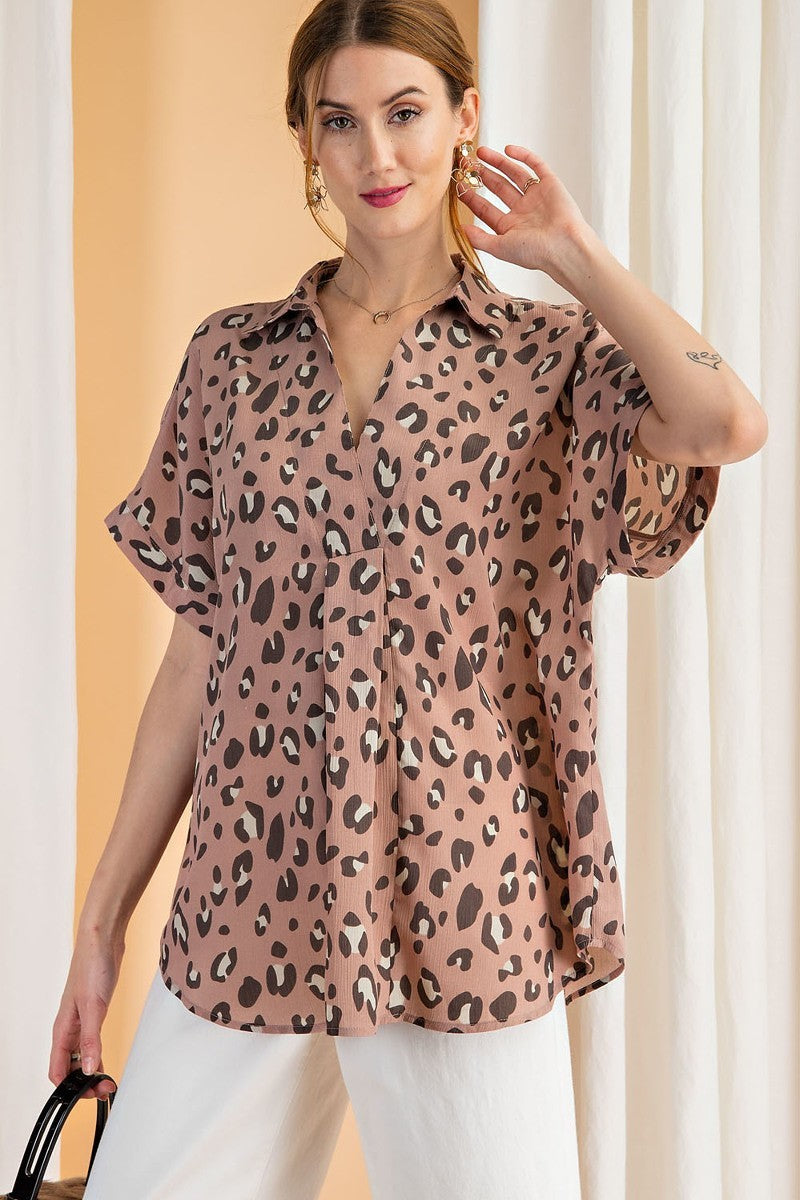 Short Slvs Animal Print Crinkled Shirt Tunic