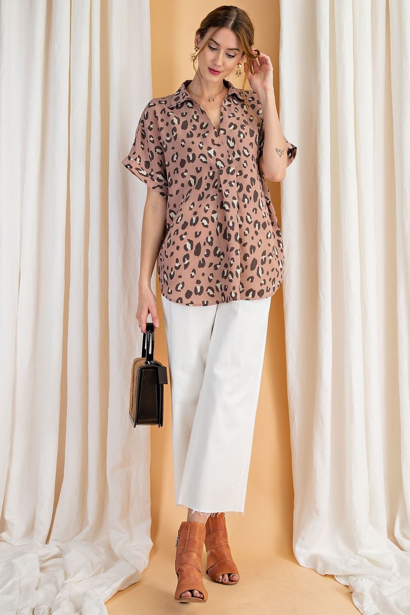 Short Slvs Animal Print Crinkled Shirt Tunic