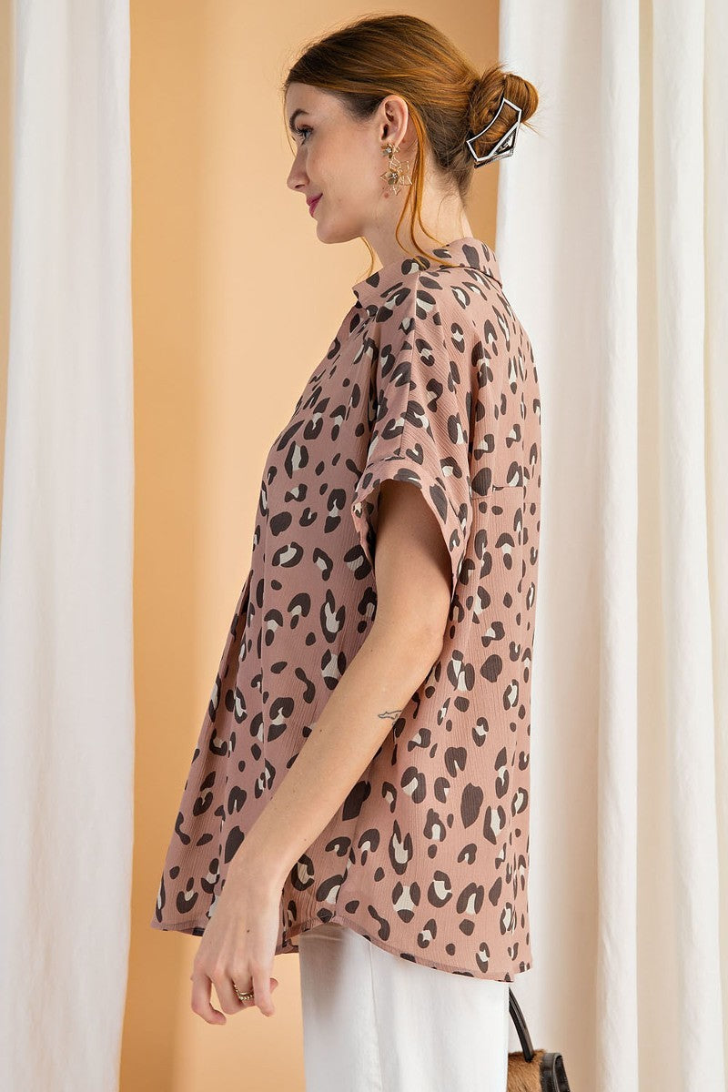 Short Slvs Animal Print Crinkled Shirt Tunic